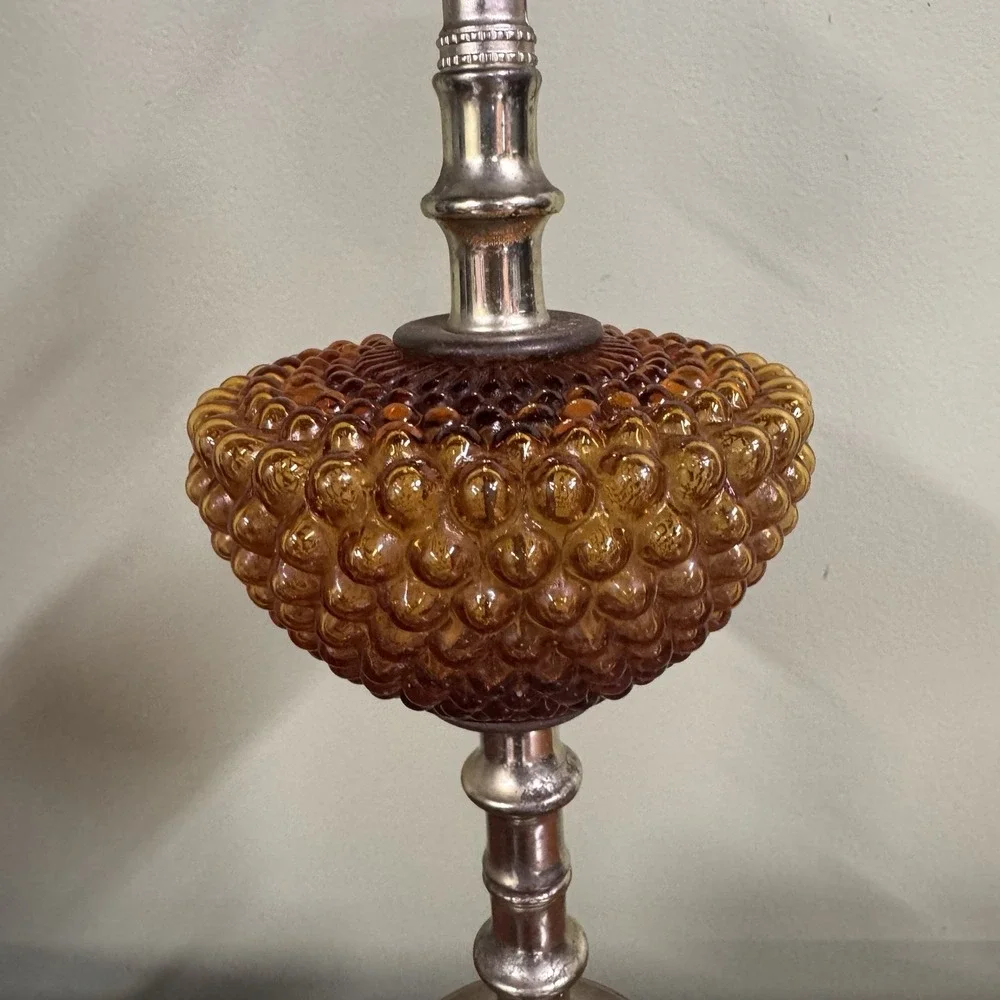 Vtg Amber Glass Hobnail Electric Lamp Metal Brass Colored  26
